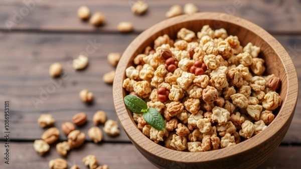 Obraz Crunchy Caramel Popcorn in a Rustic Wooden Bowl on a Warm Brown Wooden Table - Perfect Snack for Movie Nights or Parties