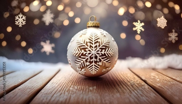 Obraz christmas ball on wooden board, winter snow ;now the year is coming soon - snowflake shape xmas decoration and blur silver sparkle beautiful