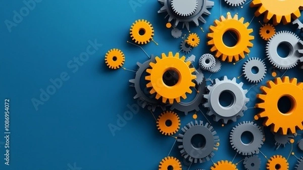 Fototapeta Colorful Cogs and Gears Arrangement on Blue Background for Engineering and Mechanism Concept in Modern Design and Technology Implementation