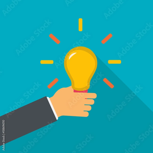 Fototapeta Hand holding the bulb. Idea concept. Creative idea in light bulb. Vector flat design illustration.