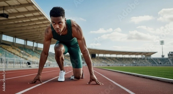 Fototapeta African-american sprinter prepares for race on professional track in stadium