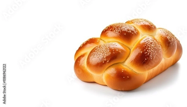Fototapeta Challah, a popular Jewish bread, is a rich, braided loaf with a golden brown crust and a soft, slightly sweet interior seen at Sabbath and holiday feasts Isolated on white background with copy space