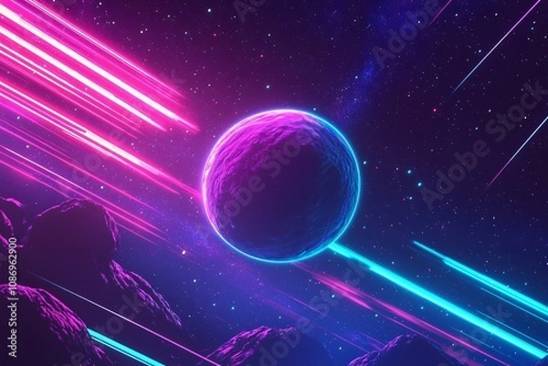 Fototapeta Vibrant Cosmic Journey: Neon Planet in a Starry Landscape