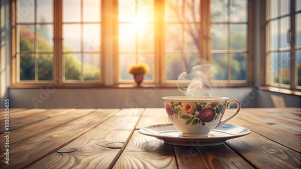 Fototapeta Warm Morning Beverage on Rustic Wooden Table by Sunlit Window