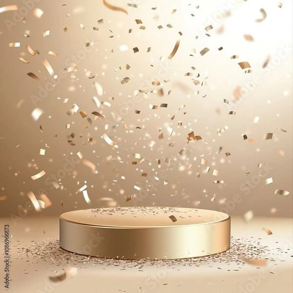Fototapeta Realistic empty golden podium and sparkling confetti flying in the air. Illustration of a round platform for product presentation.