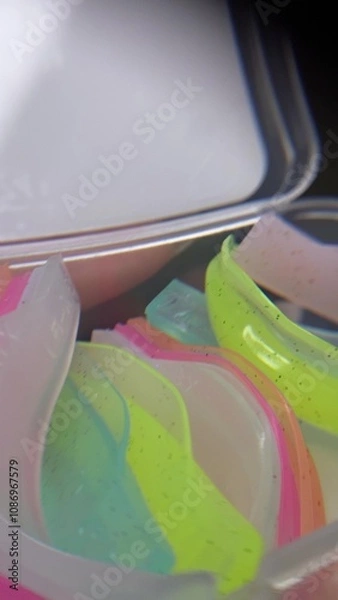 Obraz Close-up of a human eye with long eyelashes. The eye has a light iris, possibly green or blue. The eyelashes are thick and curved due to the lamination procedure, giving the eye a expressive and well-