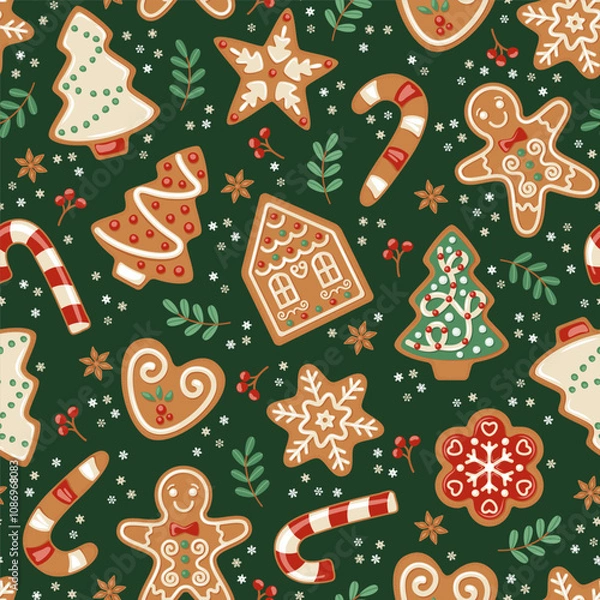 Fototapeta Seamless pattern Christmas theme with ginger breads, candies, Christmas tree, stars. Vector illustration.