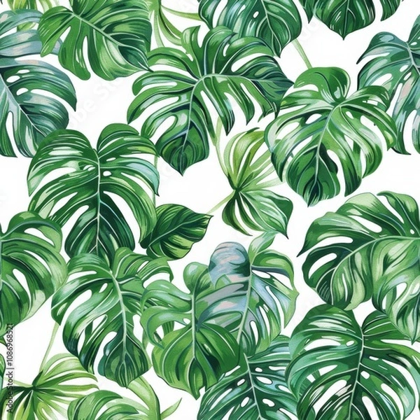 Fototapeta Lush Green Tropical Leaves Seamless Pattern on a White Background, Vibrant Green Foliage Design