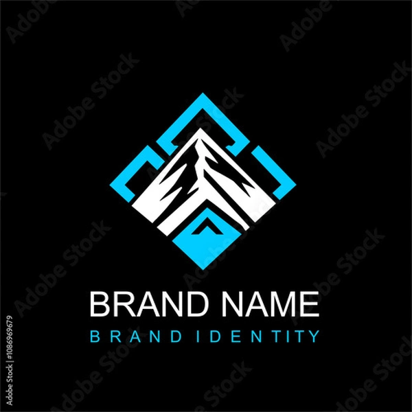 Obraz A simple rectangular logo with a mountain silhouette in the middle.