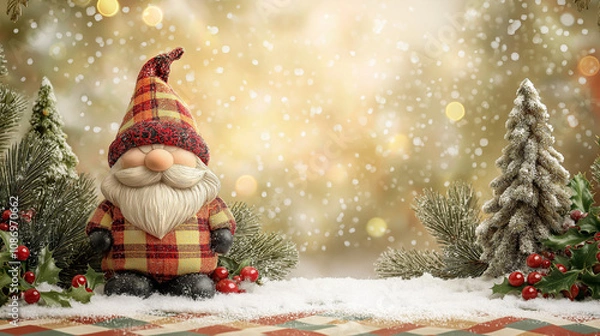 Obraz Christmas background with an adorable gnome, pine trees, and holly berries on the ground, a vintage plaid pattern, and softly falling snowflakes.