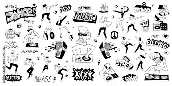 Fototapeta Music dance party doodle, dj playing electro music and dancing young people  illustration , 
isolated hand drawn characters,objects and lettering