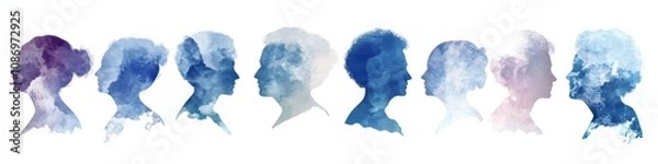 Fototapeta different Silhouettes of an woman heads, overlapping, different directions. shades of blue, purple, or white on the left side. The background is white - Generative AI	