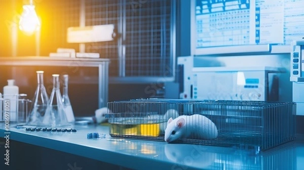 Fototapeta Laboratory mice in research setting, exploring the ethical and scientific boundaries of medical advancements through animal experimentation.