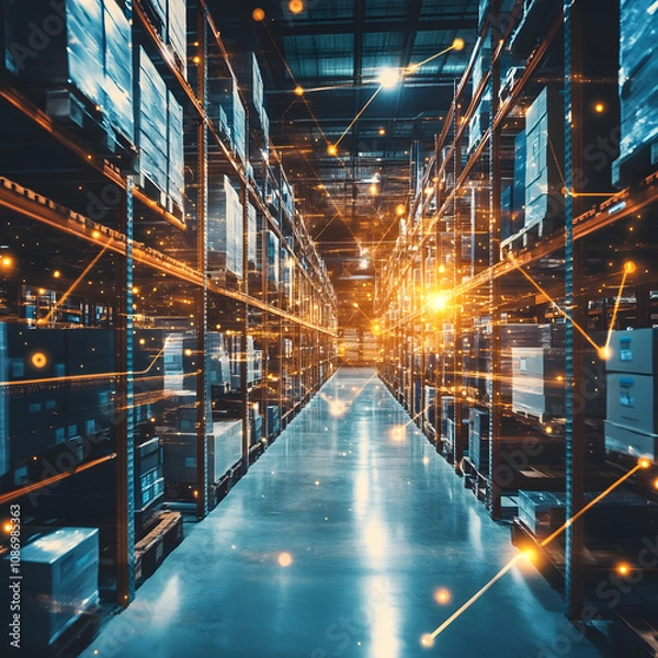 Fototapeta modern warehouse with advanced logistics technology features interconnected systems and glowing digital networks, enhancing efficiency and automation