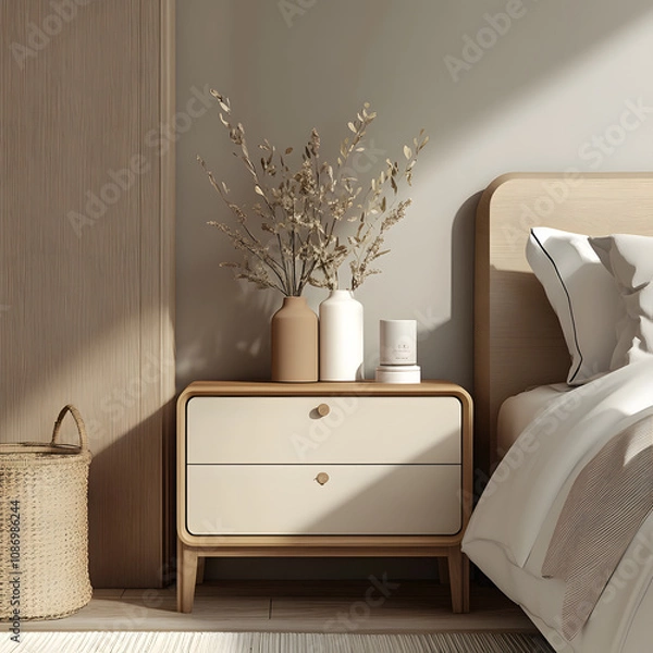 Fototapeta cozy modern bedroom features wooden nightstand with decorative vases and dried plants, next to neatly made bed with white linens. Soft natural light enhances serene atmosphere