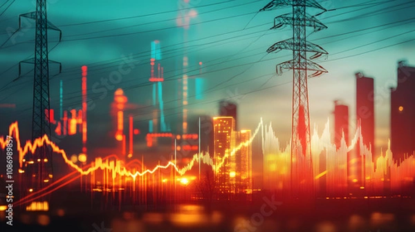 Fototapeta Stock market volatility influenced by fossil energy, with power lines and cityscape. image reflects economic fluctuations and energy sector impact, highlighting financial dynamics