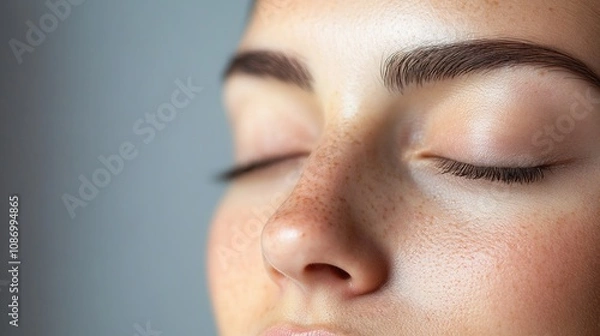 Fototapeta Close-Up of a Serene Woman's Face with Freckles and Natural Skin Tone Showing Relaxation and Beauty in a Calm Atmosphere