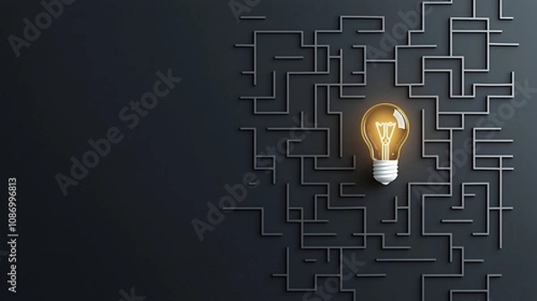 Fototapeta Creative concept with a light bulb in the center of a maze on a black and gold background symbolizing the process of idea finding innovative solutions to challenges