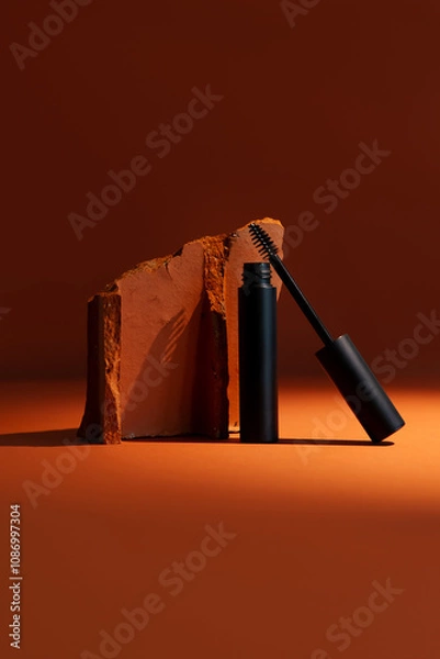 Fototapeta Close-up mockup of empty smooth mascara with delicate brush on soft, blurry, expensive background. Elegant brick effect adds a touch of luxury, perfect for beauty and makeup themes.