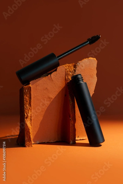 Fototapeta Close-up mockup of empty smooth mascara with delicate brush on soft, blurry, expensive background. Elegant brick effect adds a touch of luxury, perfect for beauty and makeup themes.