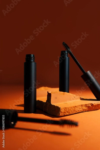 Fototapeta Close-up mockup of empty smooth mascara with delicate brush on soft, blurry, expensive background. Elegant brick effect adds a touch of luxury, perfect for beauty and makeup themes.