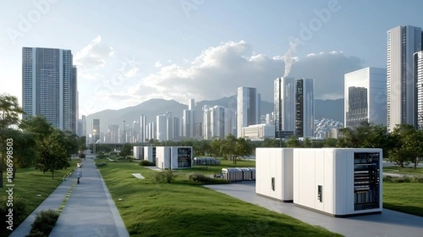 Fototapeta Gleaming futuristic city skyline powered by a sophisticated smart grid and an array of energy storage solutions including massive battery arrays and advanced thermal storage facilities