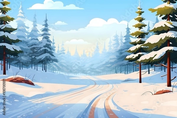 Fototapeta A Fantasy landscape a glacier island, snow, fairy  illustration, nature, vector, background, hill, sky, mountain, tree, environment, horizon, summer, blue, forest, landscape - scenery, horizontal,