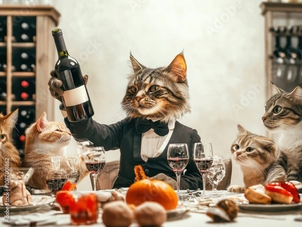 Obraz A whimsical dinner party with cats dressed elegantly enjoying fine wine and food.
