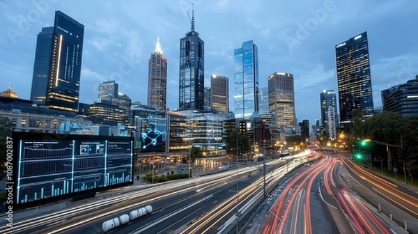 Fototapeta Futuristic cityscape with advanced smart grid technology integrated energy storage infrastructure and real time data visualization displayed across the modern high rise buildings and urban landscape