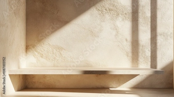 Fototapeta Serene Sunlit Waiting Area with Stone Bench and Wide Window View