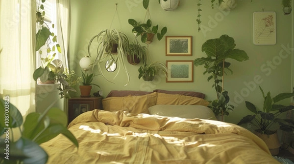 Fototapeta Cozy Bedroom with Green Plants and Soft Yellow Bedding in Sunlit Room Creating a Relaxing and Natural Atmosphere