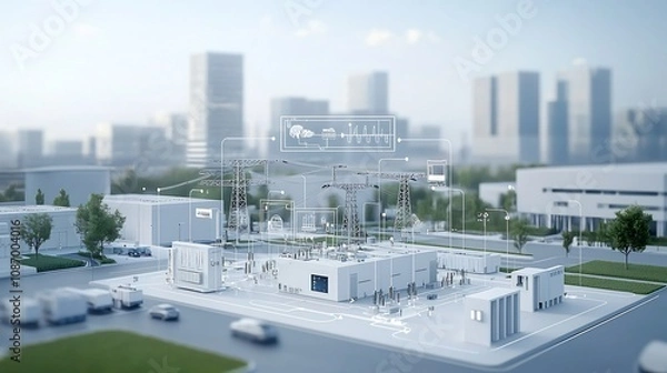 Fototapeta Visualization of a modern power grid with a central control hub integrating renewable energy sources like solar and wind turbines