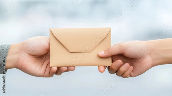 Fototapeta A person hands over an acceptance letter in a warm gesture, symbolizing significant news and the excitement of university admissions and future opportunities.