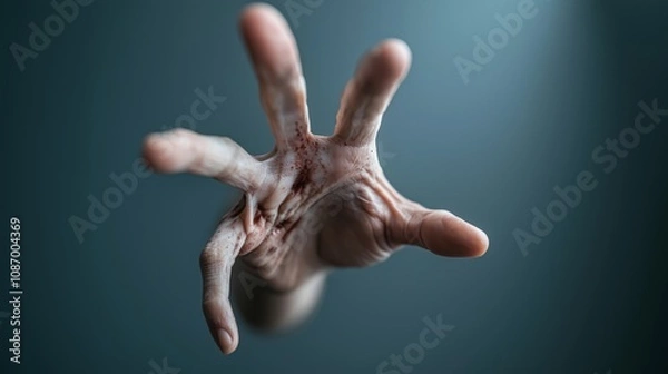 Fototapeta A gripping hand reaches forward against a moody background, embodying elements of cosmic horror and suspense. This striking image is perfect for creative media projects.