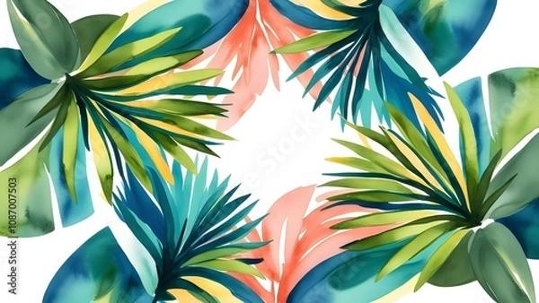 Fototapeta Tropical palm leaves, large fronds, flat design, top view, summer vibes theme, water color, Tetradic color scheme
