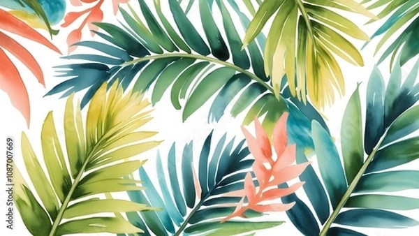Fototapeta Tropical palm leaves, large fronds, flat design, top view, summer vibes theme, water color, Tetradic color scheme
