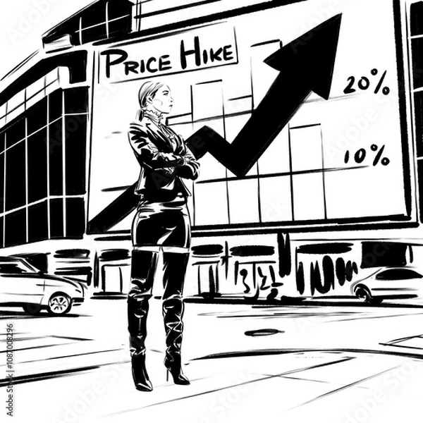Fototapeta Price hike, conceptual illustration, female stock trader looking at a big billboard outdoors showing a graph with increasing prices. 