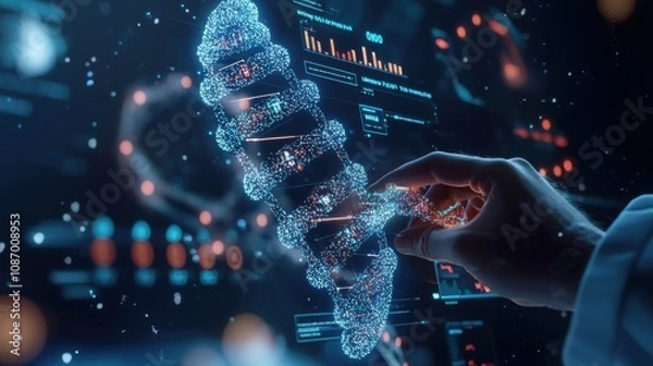 Fototapeta Close-up of a DNA strand with a digital interface displaying genetic markers and data, with a doctor examining the molecule. High-resolution, ideal for use in medical and genetic science content