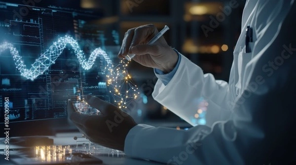 Fototapeta Conceptual image of a doctor using AI tools to analyze DNA molecules, with futuristic data points and graphics surrounding the DNA