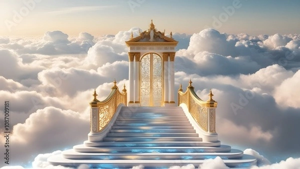 Fototapeta staircase and gate in heaven in the clouds, symbol of paradise
