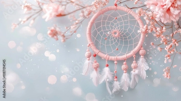 Fototapeta Hand-drawn watercolor dreamcatcher illustration, ethnic design inspired by Native American culture, ideal for greeting cards, DIY projects, and blogs with a boho aesthetic