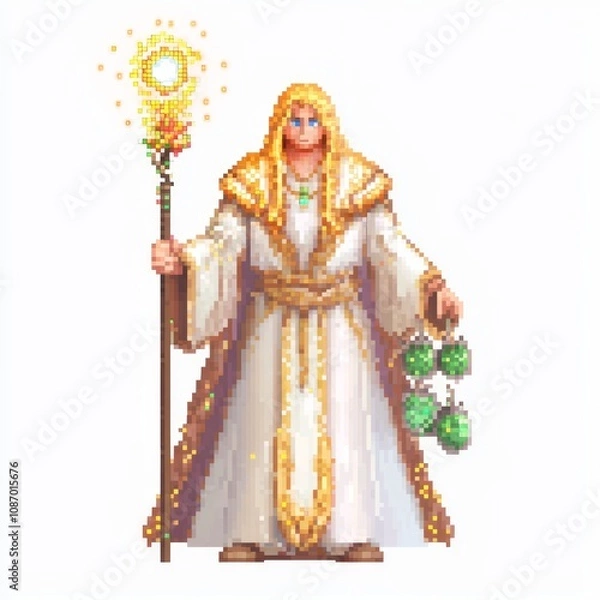Fototapeta Pixelated 8 Bit-Style Gentle Healer NPC Male Character Model with Golden Hair, Flowing Robes, and Glowing Staff on White Background