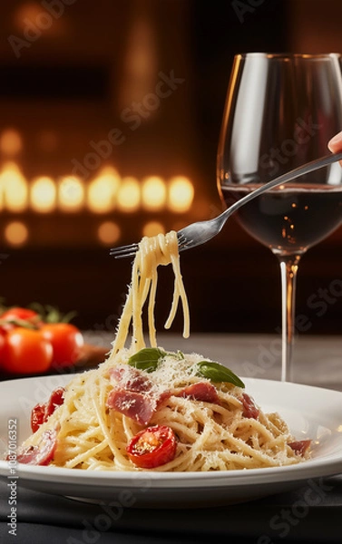 Obraz A plate of pasta carbonara with bacon and parmesan served inside a white ceramic plate on a wooden table with a glass of red wine in front of a burning fireplace