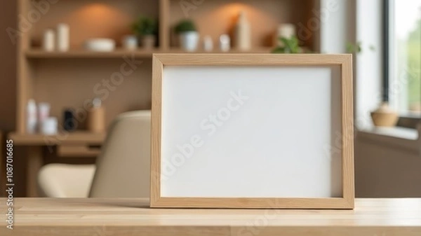 Fototapeta white mockup for text with wooden frame stands on wooden counter in coffee shop