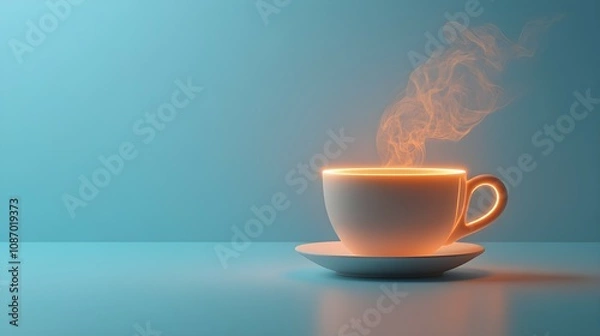 Fototapeta Chic Minimalist Coffee Cup Outline Design with Glowing Effect on Light Blue Background: Ideal for Contemporary Art and Coffee Culture