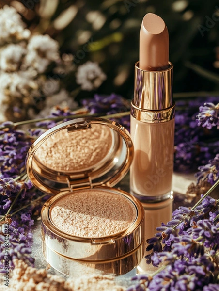 Fototapeta Luxurious makeup products displayed on reflective surface, surrounded by lavender flowers. image captures foundation compact and lipstick, showcasing elegance and beauty