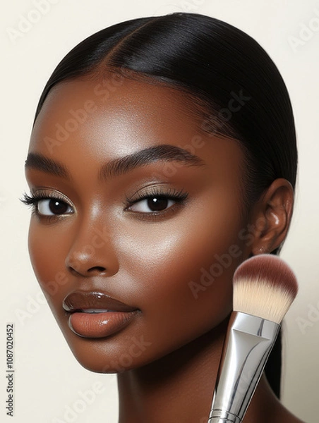 Fototapeta Sophisticated makeup look featuring model with radiant skin and makeup brush. image captures beauty and elegance, showcasing flawless application and stunning glow