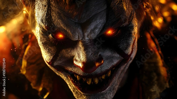 Fototapeta The Glowing Eyes of a Horrifying Clown, a Nightmare Come to Life