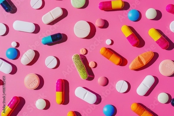 Fototapeta Colorful Pills and Capsules Scattered Evenly on a Vibrant Pink Background