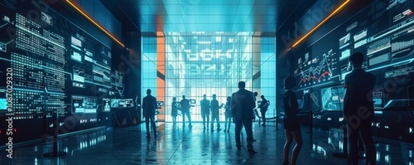 Fototapeta Dynamic scene of a cryptocurrency exchange with traders buying and selling digital assets.